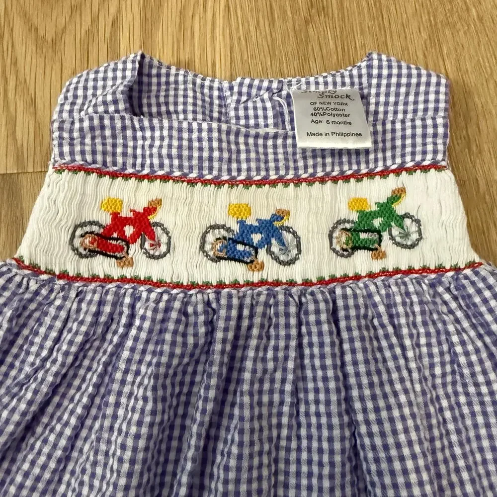 Simply Smock Blue Gingham Smocked Dress with Bicycle Embroidery Size 6 Months